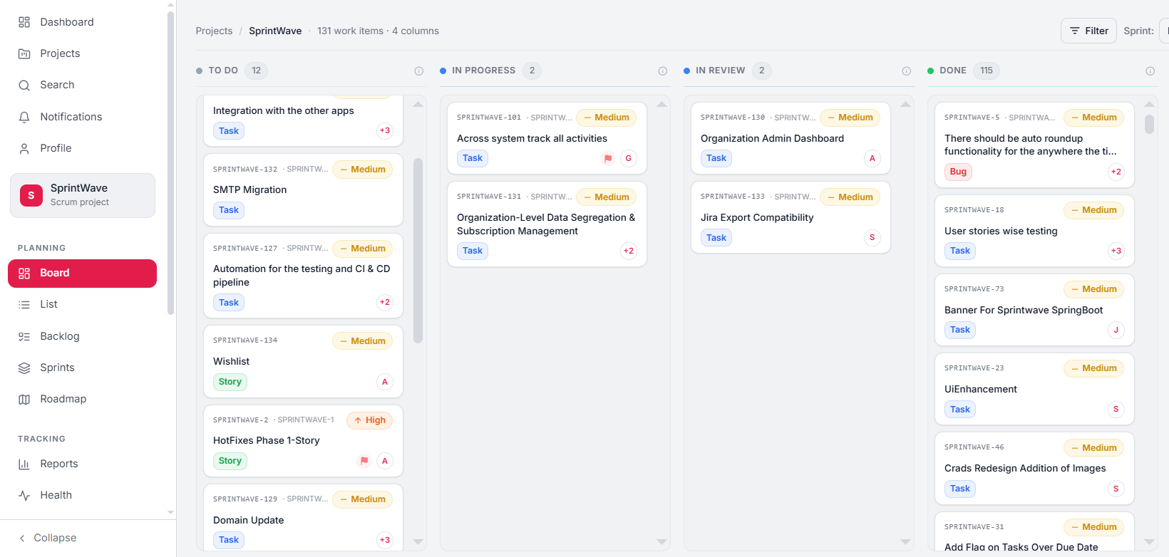 SprintWave board with To do, In progress, In review and Done columns